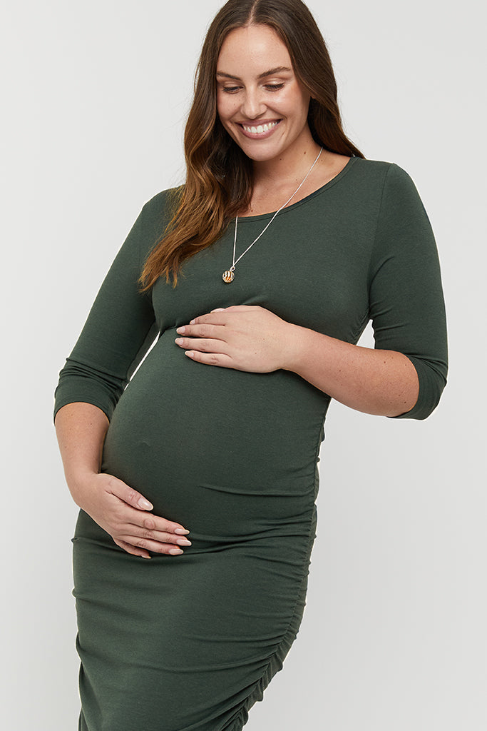 3/4 Sleeve Maternity Ruched Dress - Forest