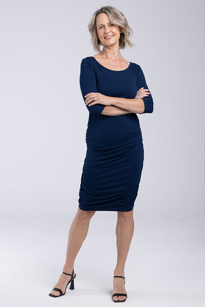 3/4 Sleeve Ruched Dress - Navy