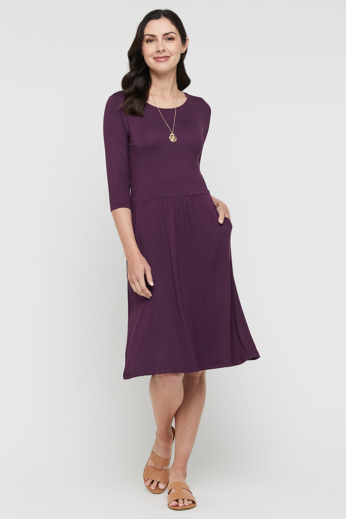 3/4 Sleeve Beth Dress - Plum