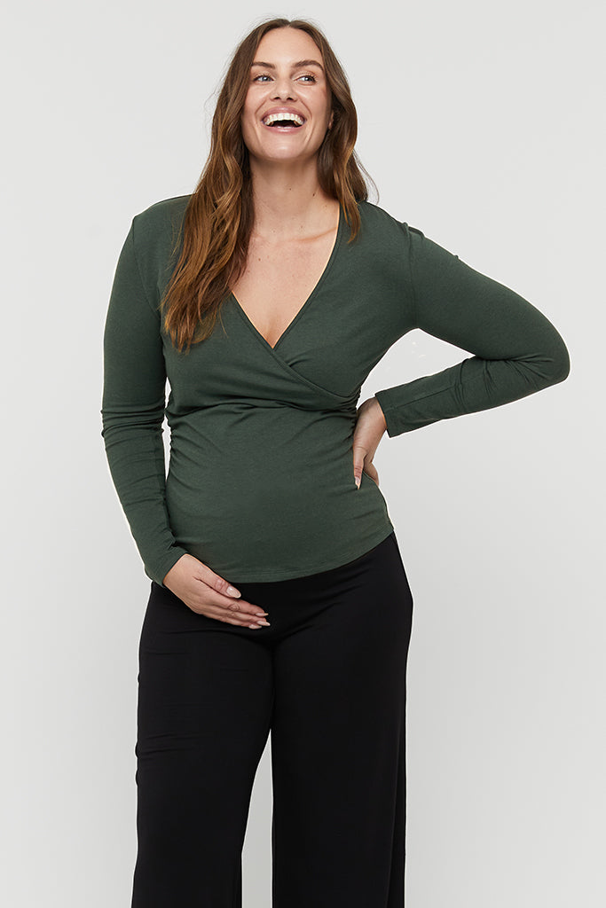 L/S Cross Front Maternity Top - Forest