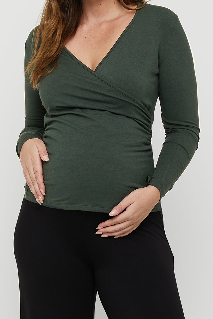 L/S Cross Front Maternity Top - Forest