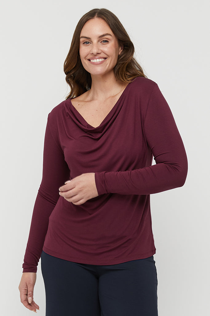 Long Sleeve Cowl Neck Top - Burgundy