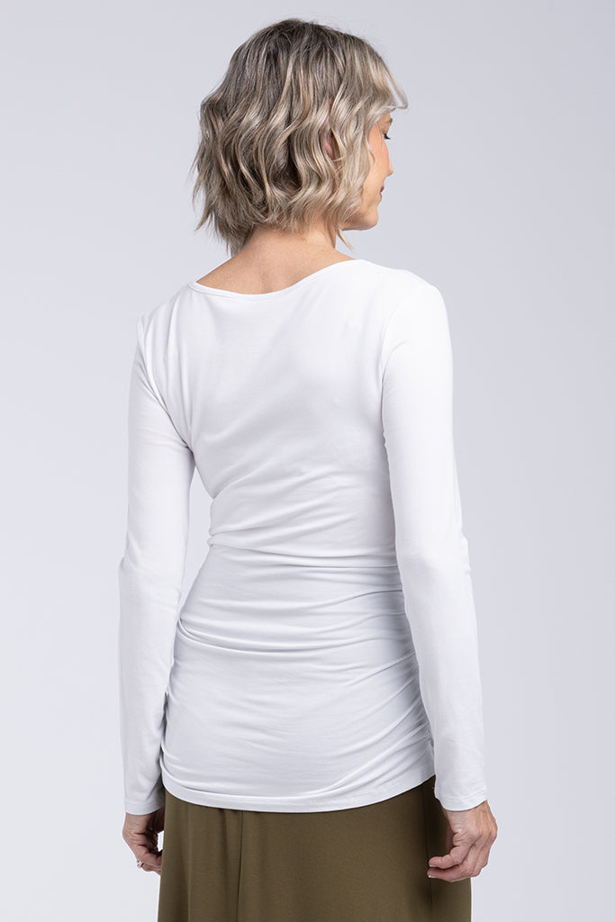 Long Sleeve Ruched Bamboo Tee - White