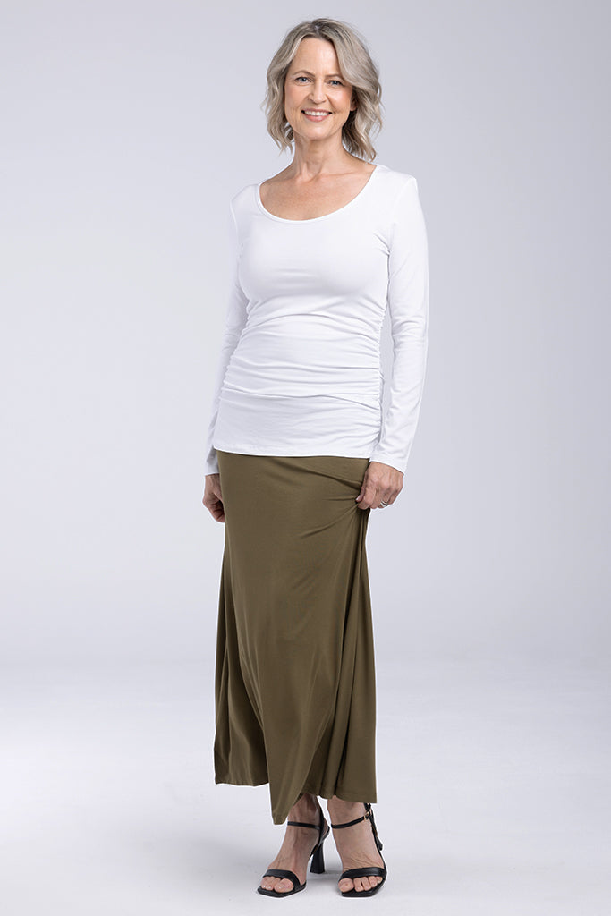 Long Sleeve Ruched Bamboo Tee - White