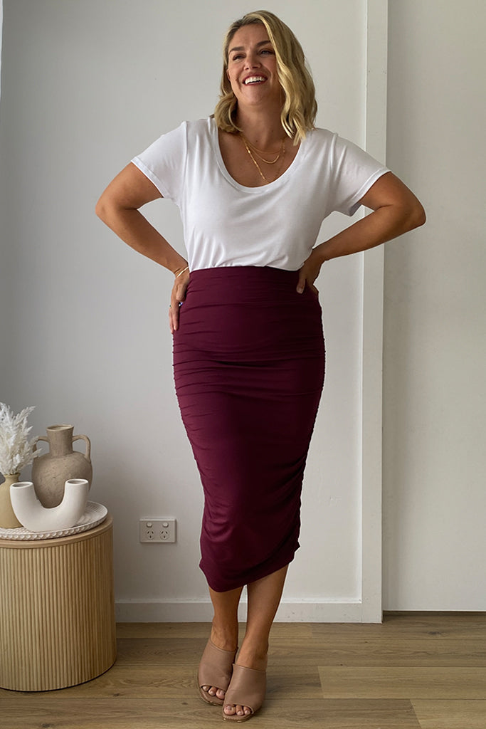 Long Ruched Bamboo Skirt - Burgundy