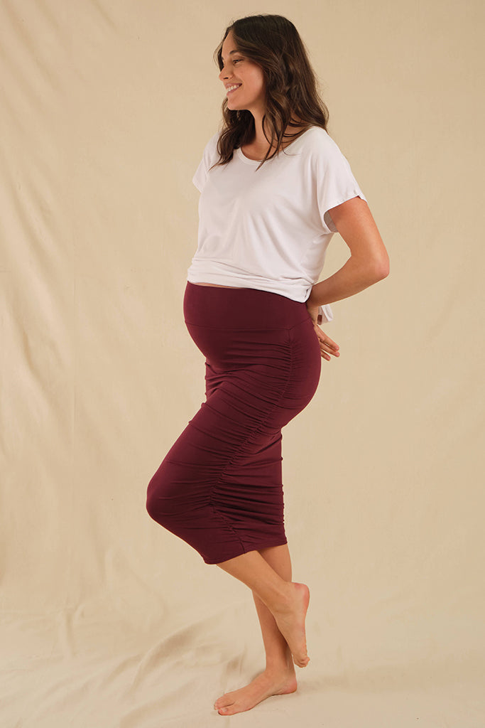 Long Ruched Maternity Skirt - Burgundy