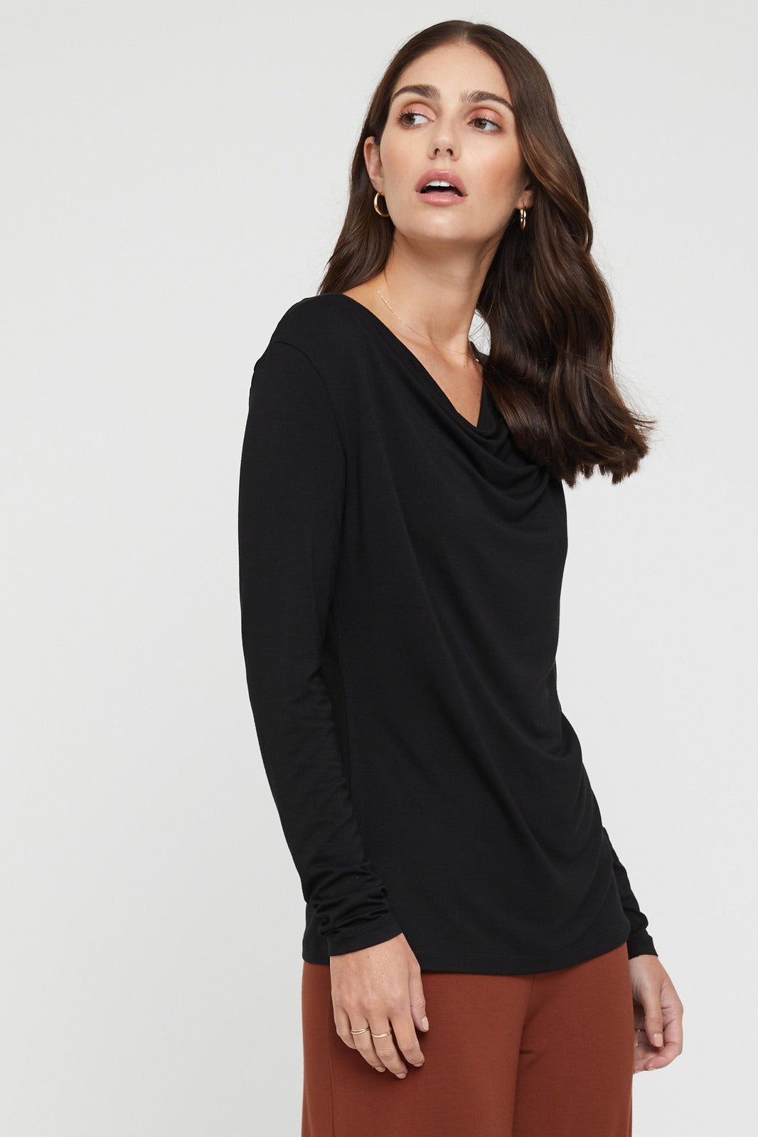 Long Sleeve Cowl Neck Top - Black