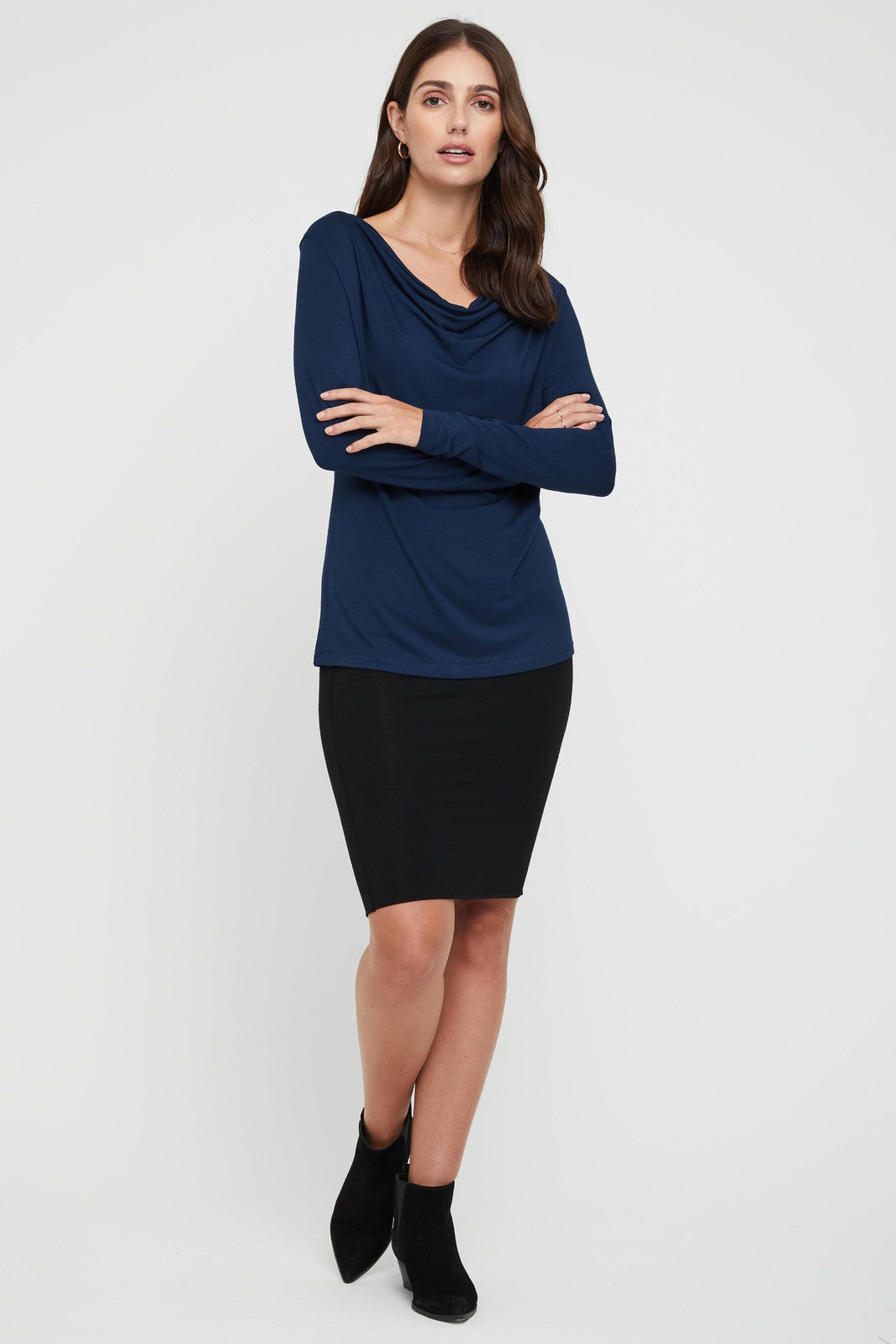 Long Sleeve Cowl Neck Top - Navy