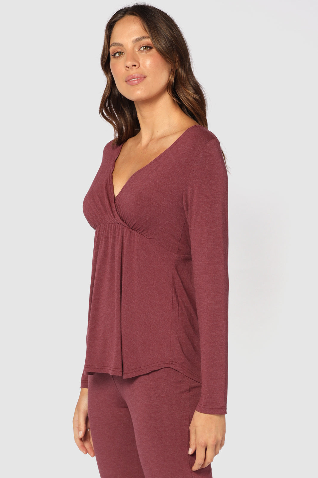 Long Sleeve Cross Front PJ Top - Burgundy