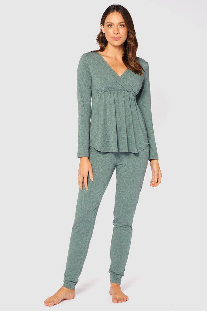 Long Sleeve Cross Front PJ Top - Moss Green