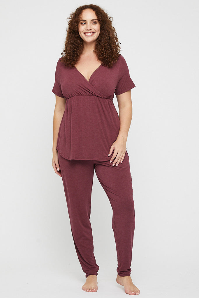 Short Sleeve Cross Front PJ Top - Burgundy