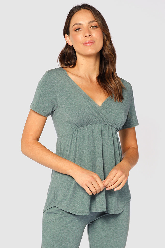 Short Sleeve Cross Front PJ Top - Moss Green