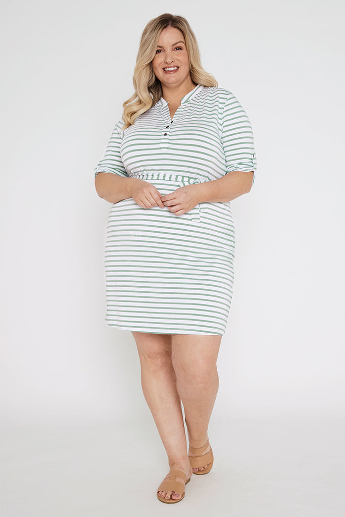 Tab Sleeve Dress- Seafoam Stripe