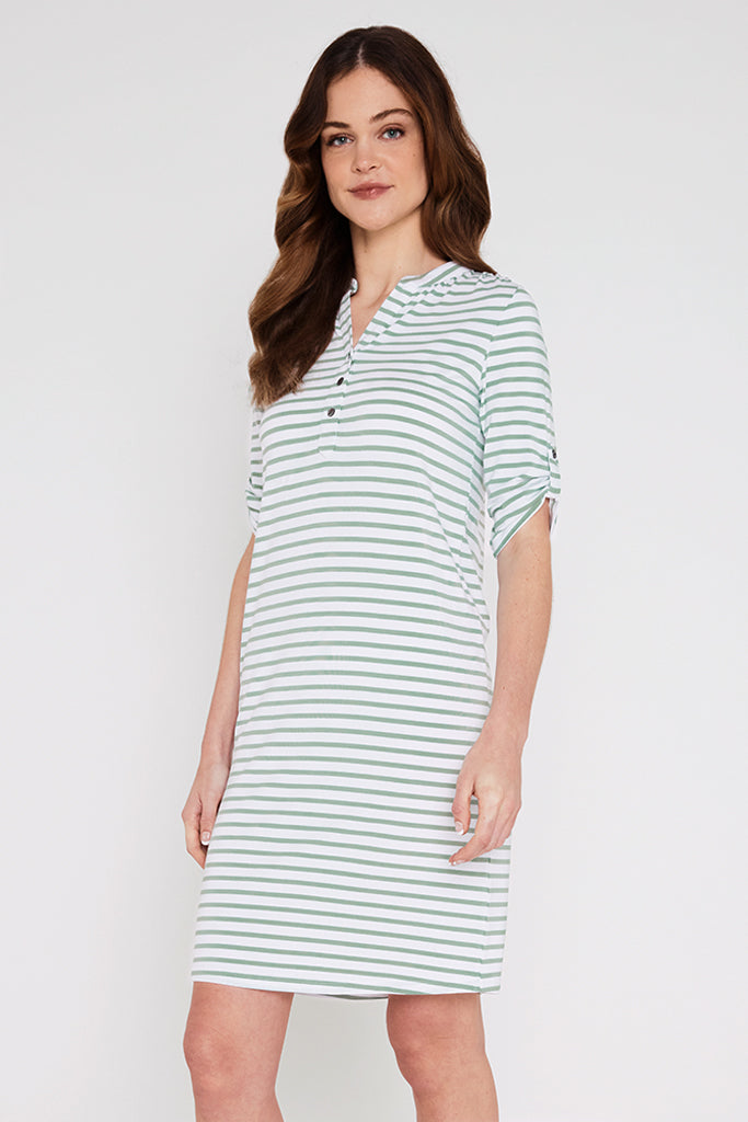 Tab Sleeve Dress- Seafoam Stripe